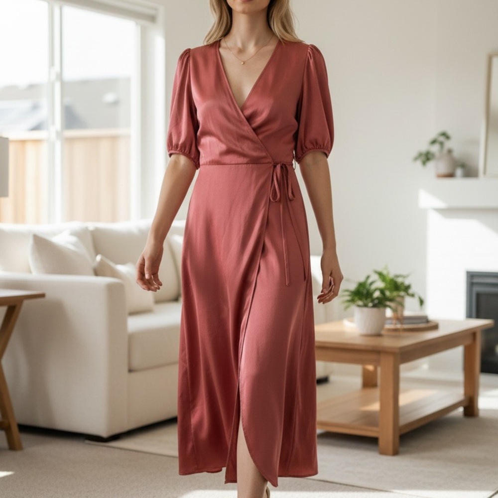 Express Rust Wrap Maxi Dress Puff Sleeve Women’s Size small